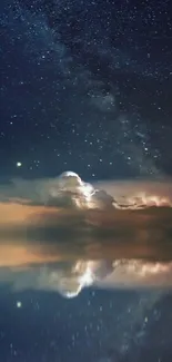 Starry night sky reflecting in a tranquil lake under a cosmic display.