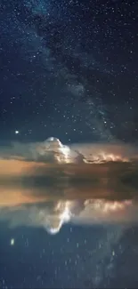 Starry night sky with water reflection and illuminated clouds.