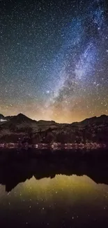 Starry night sky with mountains and reflection.