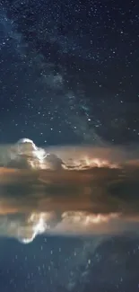 Starry night sky and clouds reflect on calm water surface.