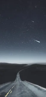 Serene night road under starry sky with shooting stars in the background.