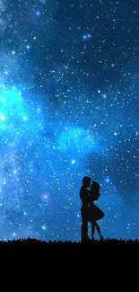 Romantic silhouette couple under a starry night sky with a striking dark blue hue.