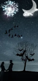 Romantic silhouette under starry sky with moon and fireworks.