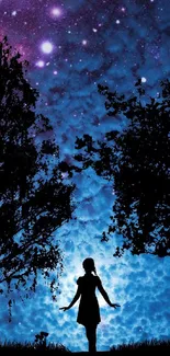 Silhouette of girl under starry night sky with trees.