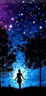 Silhouette under a starry night sky with vibrant blues and purples.