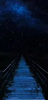 Night sky with stars and a wooden walkway under a calm midnight blue hue.