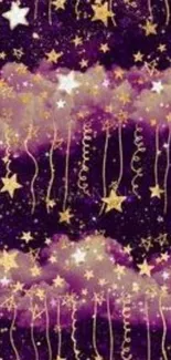 Purple starry night sky wallpaper with golden stars.