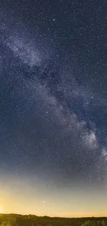 Starry night sky with Milky Way glowing above the horizon.