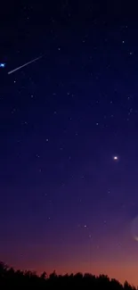 Starry night sky wallpaper with crescent moon and shooting star.