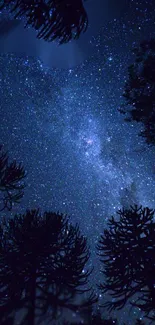 Starry night sky with silhouetted trees and cosmic backdrop.