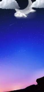 Starry night sky with crescent moon and clouds on a mobile wallpaper.