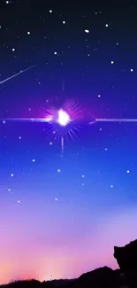 Ethereal starry night sky wallpaper with violet gradient and shooting stars.