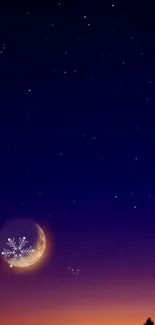 Starry night sky with crescent moon wallpaper.