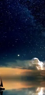 Sailboat under starry sky with reflection on calm waters.