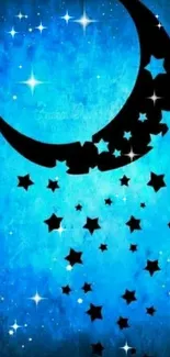 A starry blue night sky wallpaper with a crescent moon and stars.