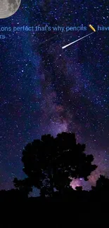 Starry night sky with tree silhouettes and a glowing moon.