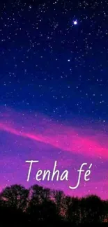 Starry sky with 'Tenha fé' text over a purple gradient.