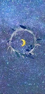 Starry night sky wallpaper with a crescent moon and cosmic design.