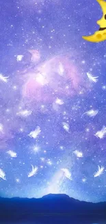 Starry night sky with moon and feathers.