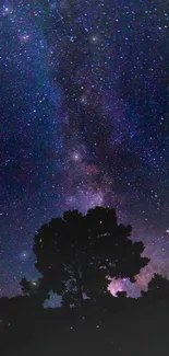 Silhouetted tree under a starry night sky with galactic view.