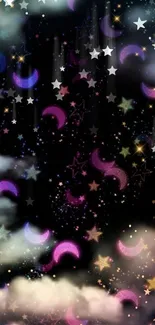 Dreamy starry night sky wallpaper with crescent moons and colorful clouds.