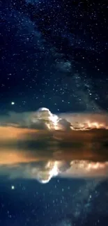 Starry night sky with sailboat reflecting on calm ocean.