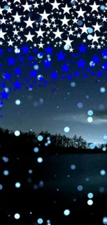 Starry blue night sky with scattered stars and a tranquil landscape.