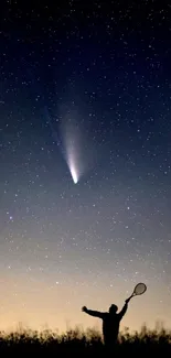 Silhouette holding racket under starry sky with a visible comet.