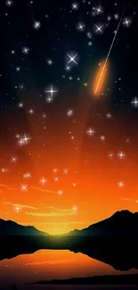 Starry night sky wallpaper with shooting stars and sunset.