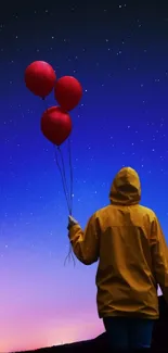 Silhouette with balloons under a starry blue sky.