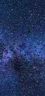 Mobile wallpaper of a starry night sky with birds flying through the stars.