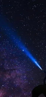 Silhouette with flashlight against a starry night sky.