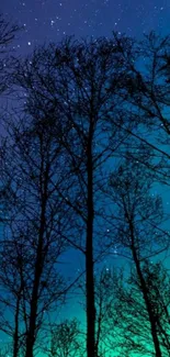 Mobile wallpaper with starry night sky and silhouette trees in blue hues.