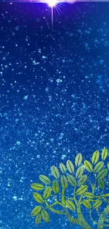 Starry night sky wallpaper with leaves and moon.