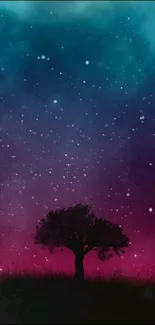 Silhouette of a tree against a starry purple and blue night sky.