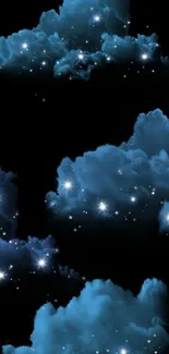 Starry night sky wallpaper with luminous clouds.