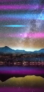 Vibrant starry night sky with colorful streaks and mountain silhouette.