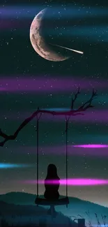 Silhouette on a swing under a starry night sky with crescent moon.