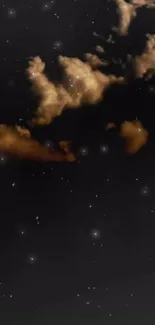 Dark starry night sky with glowing stars and clouds.