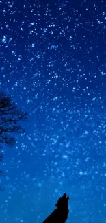 Silhouetted wolf under starry blue night sky with tree.