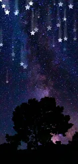 Starry night sky with silhouette trees and galaxy view.