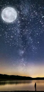 Starry night sky with full moon and tranquil lake view.