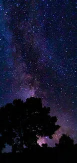 Starry night sky with silhouetted trees in a cosmic wallpaper.