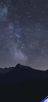 Starry night sky over mountains with a hint of blue tent light.