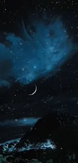 Starry night sky wallpaper with crescent moon.