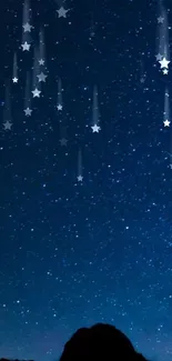 Mobile wallpaper with a starry night sky and shooting stars.