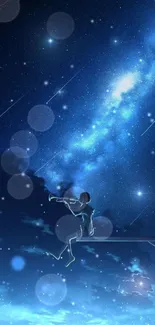 Night sky with stars and a silhouette playing trumpet, creating a serene atmosphere.