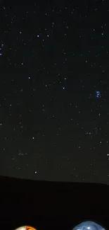 Starry night sky with tents set against a black horizon.