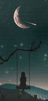 Starry night sky with moon and silhouette on a swing under stars.