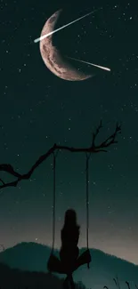 Silhouette swings under a starry night sky and crescent moon.